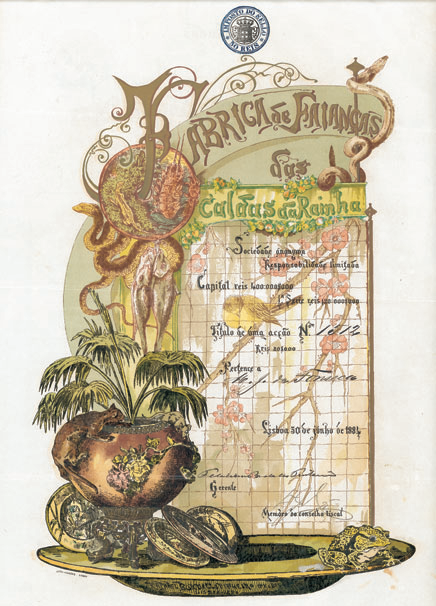 Acção da Fábrica de Faianças das Caldas da Rainha, ilustrada por Rafael Bordalo Pinheiro, emitida a 30 Jun 1881 em nome de M. J. da Fonseca.Imagem: Revista Numisma nº60