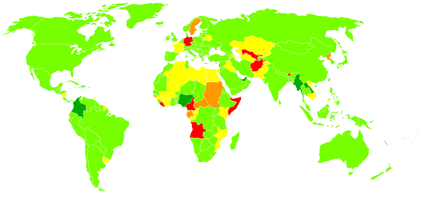 Mapa do mundo colorido segundo a data do último recenseamento da população.