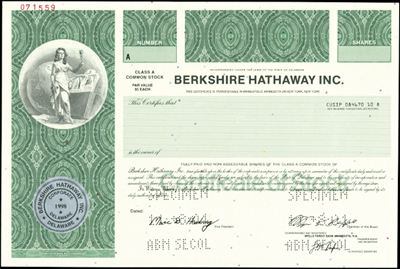O certificado verde das acções Classe A da Berkshire Hathaway NYSE: BRKA. A Berkshire é a única cotada na qual os possuidores de acções Classe A podem fazer o seu próprio stock-split trocando-as por acções Classe B.Imagem: About.com