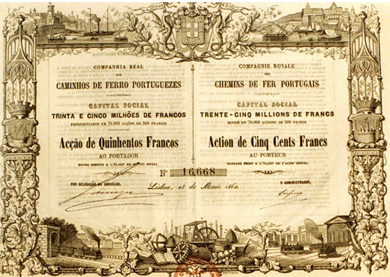 Acção da Companhia Real dos Caminhos de Ferro Portugueses, emitida em 1860. Estas acções passaram a ser cotadas na Bolsa de Paris em 1864.Imagem: Comboios de Portugal